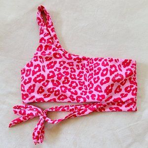 Womens One-Shoulder Tie Waist Bikini Top ONLY - Pink/Red Leopard | Size L